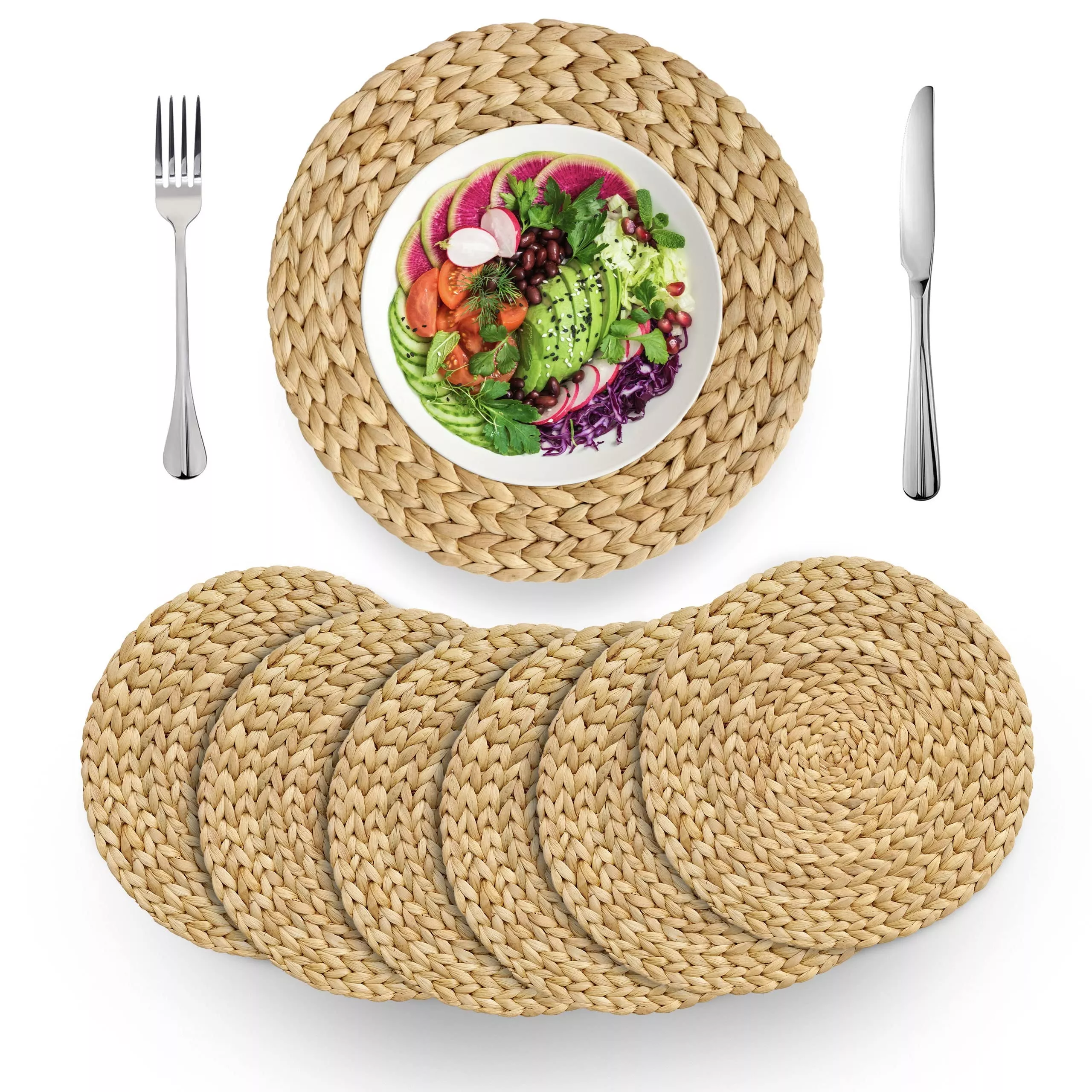(4 Sizes: 12''-13''-14''-15'') BARIEN Woven Placemats Round Set of 6Natural Water Hyacinth Weave Placemat for Dining TableLarge Handmade Woven Placemats Heat Resistant Non-Slip (13'' - Set of 6)