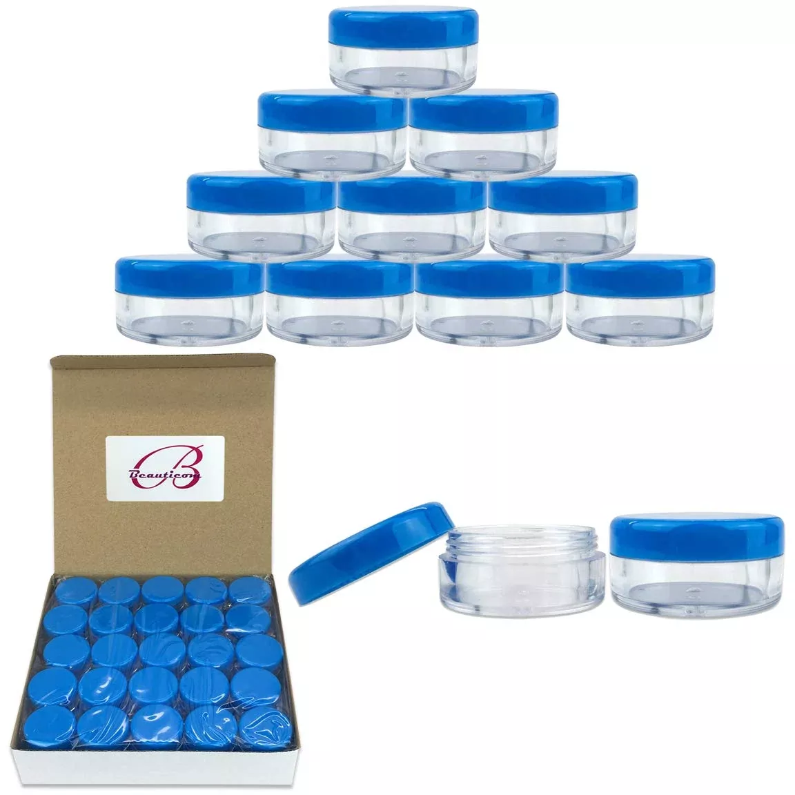 Beauticom (Quantity: 50 Pieces) 5G/5ML Round Clear Jars with Blue Lids for ScrubsOilsTonerSalvesCreamsLotionsMakeup SamplesLip Balms