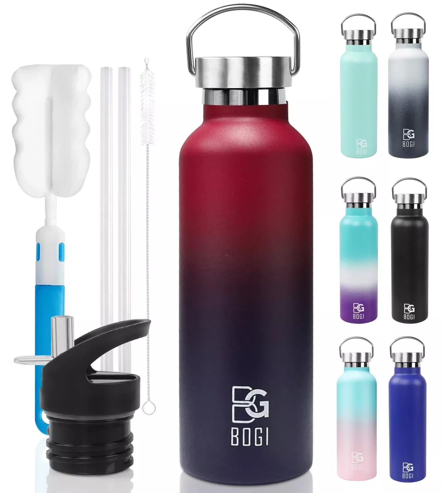 BOGI Stainless Steel Water Bottle25oz Vacuum Insulated Water Bottle with Straw LidBPA Free Leakproof Wide Mouth Water Bottle-Keep Liquids Hot or Cold for Outdoor Sports Camping Biking (DRed)