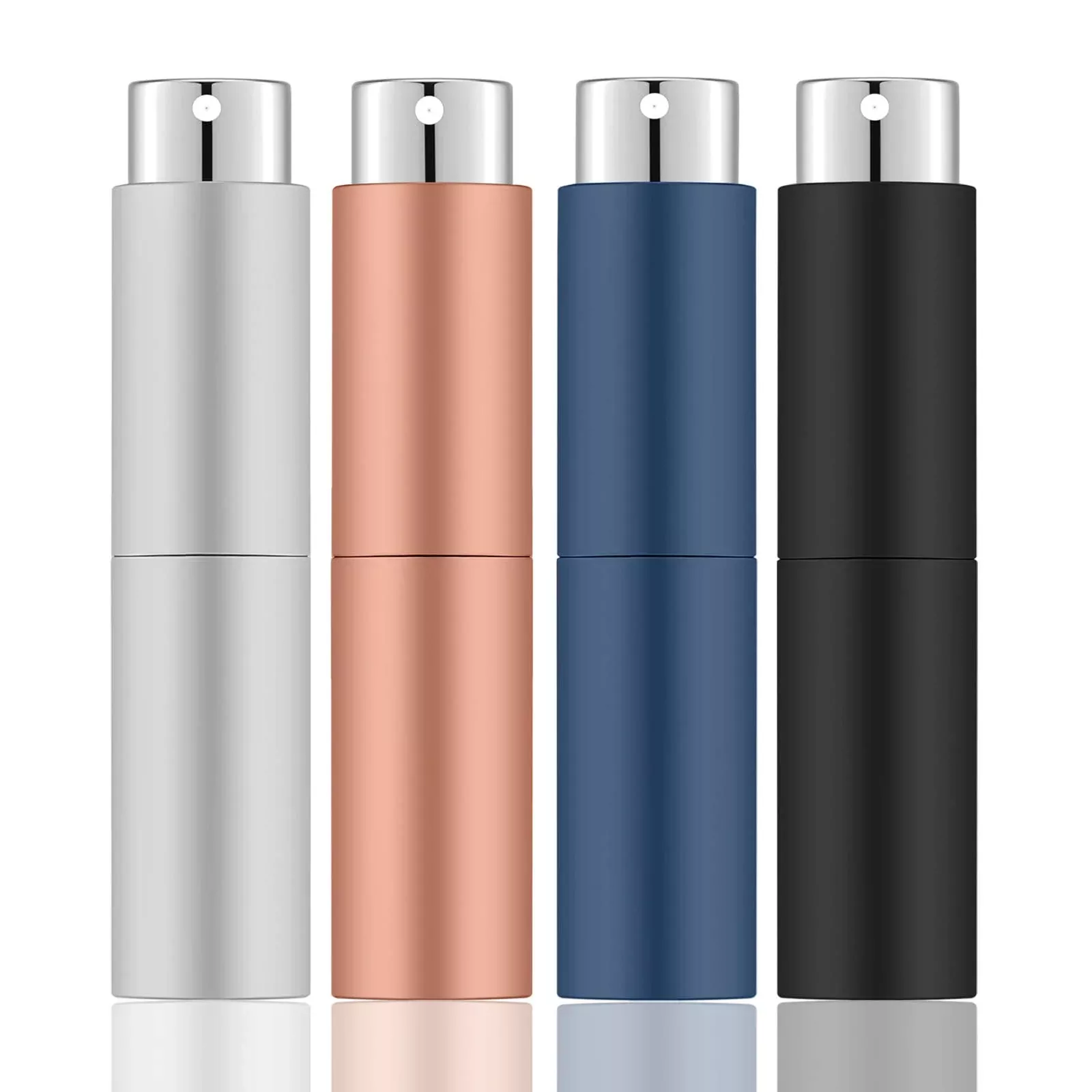 Lil Ray 8ML Portable Mini Perfume Atomizer Spray Bottle(4 PCS)Travel Refillable Atomizer Sprayer for Perfume ColognFragrance with Twist Design (Matte Black&Rose Gold&Blue&Silver)
