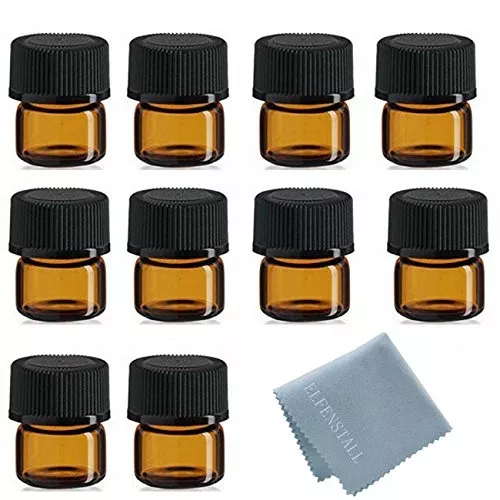 Simple-e 50pcs 1ml (1/4 Dram) Amber Mini Glass Bottle 1cc Amber Sample Vial Small Essential Oil Bottle Travel Must + 1pc Glass Clean Cloth